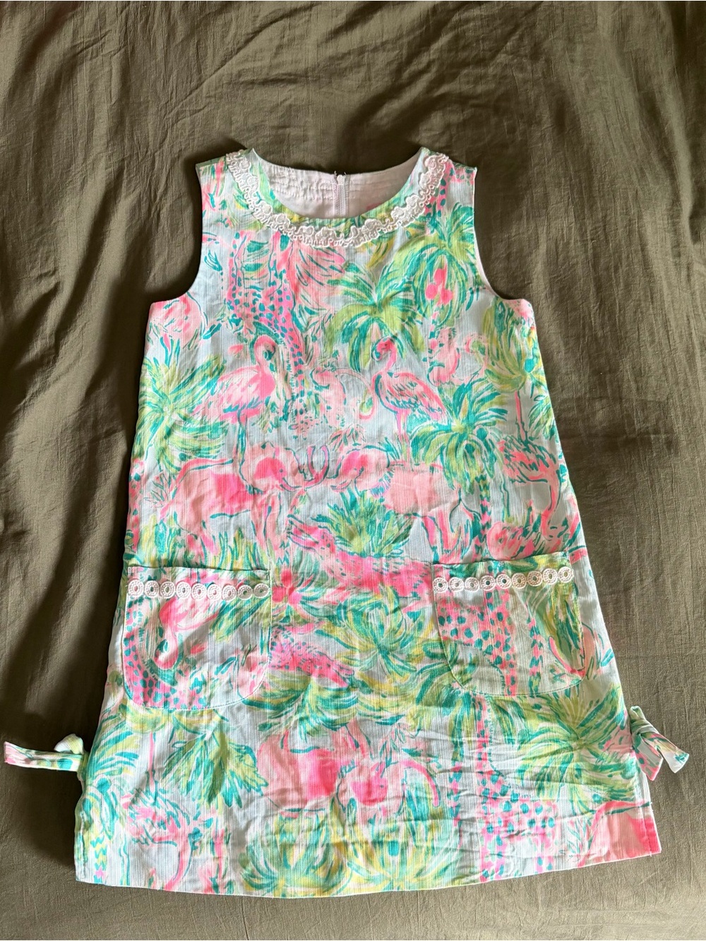 Girls Lilly Pulitzer Tropical Flamingo Shift Dress in Pink & Green size 8